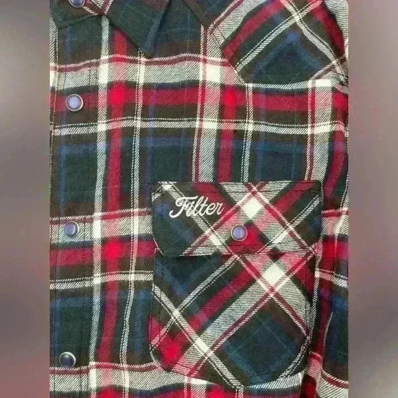 Filter Flannel Shirt Large Blue Red White Plaid 2 Flap Pockets Mens Long Sleeves - Picture 3 of 9